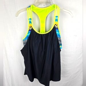 Women's Black and Neon Yellow Racerback SwimTank Top Sz L